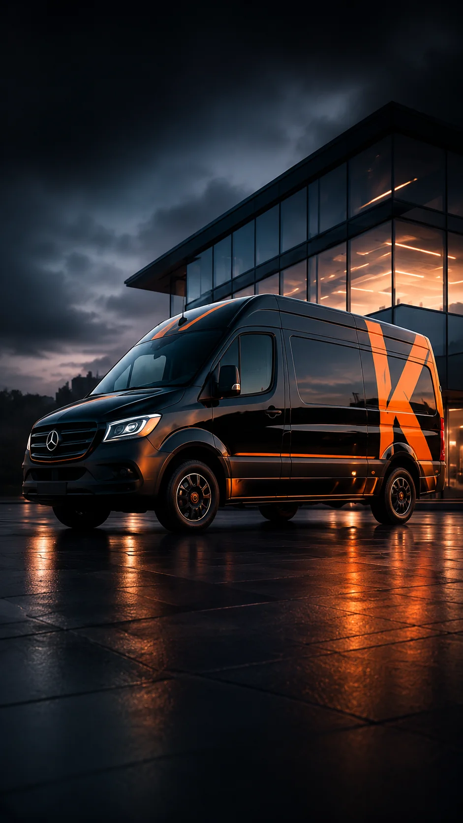 Konzeptvisualisierung eines gebrandeten Transporters im Hochformat